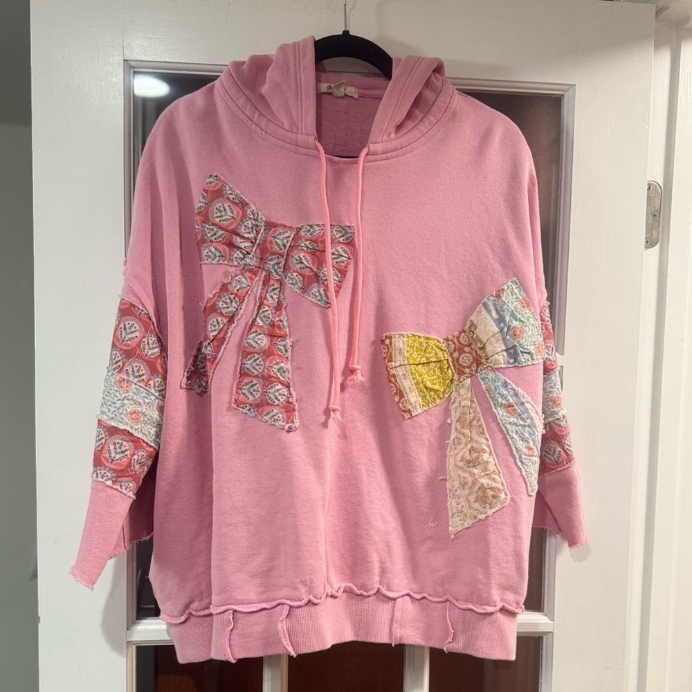 EUC BLUE VELVET SWEATSHIRT HOODIE WITH BOW PATCHES